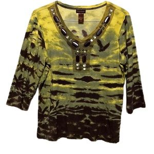 Women’s MULTIPLES, Tie-Dye Print, 3/4 Sleeves, V-Neckline Top, Size Large